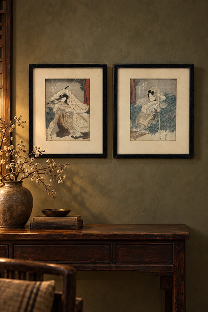 Antique Utagawa Kunisada Kabuki Actor Print Pair, Nakamura Daikichi & Onoe Kikugorō, Framed