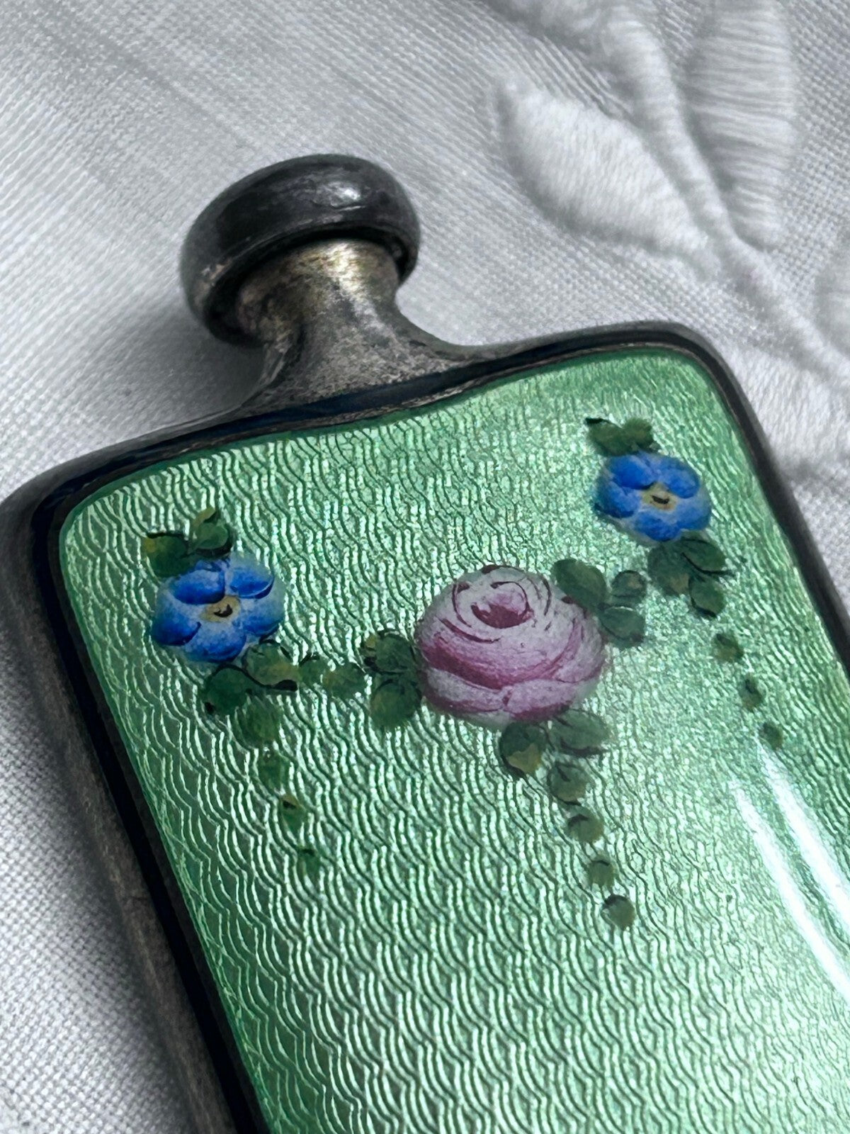 Sterling Silver Miniature Perfume Bottle with Green Guilloché Enamel