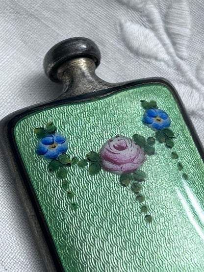 Sterling Silver Miniature Perfume Bottle with Green Guilloché Enamel
