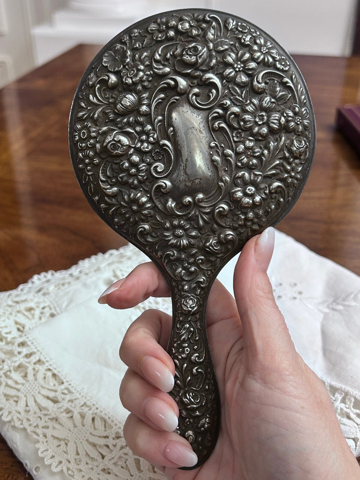 Antique Sterling Silver Floral Repoussé Hand Mirror