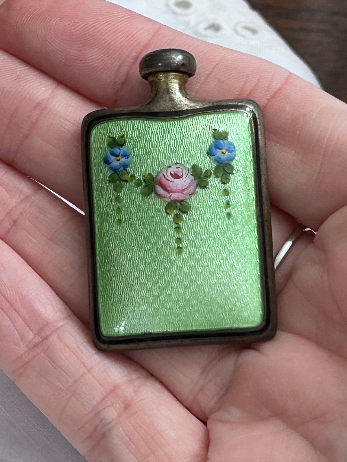 Sterling Silver Miniature Perfume Bottle with Green Guilloché Enamel