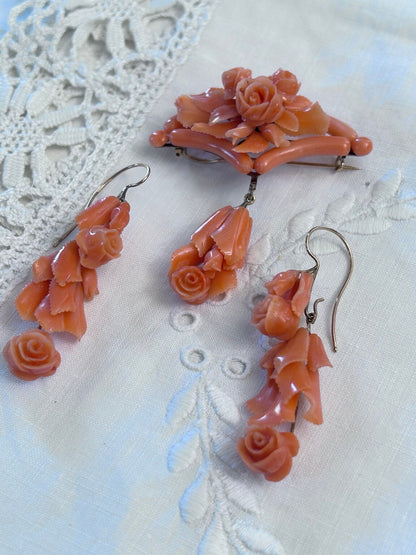Victorian Carved Coral & 14K Gold Brooch and Earrings