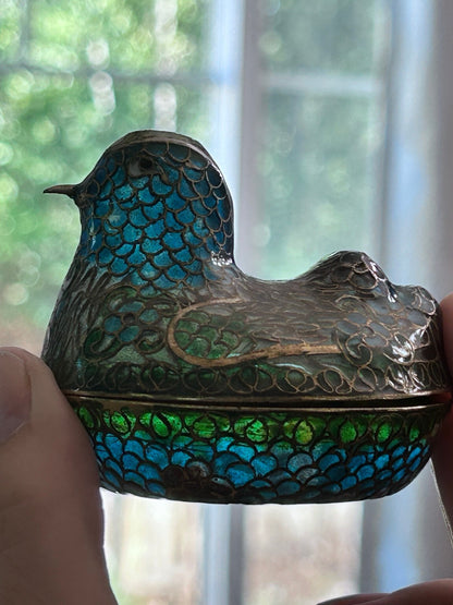 Vintage Plique-à-Jour Enamel Bird Box, Blue & Green