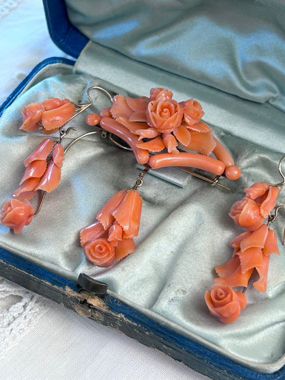Victorian Carved Coral & 14K Gold Brooch and Earrings