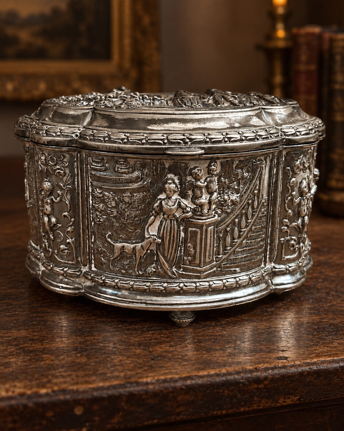 Antique Jennings Brothers JB 1350 Figural Jewelry Casket with Red Lining