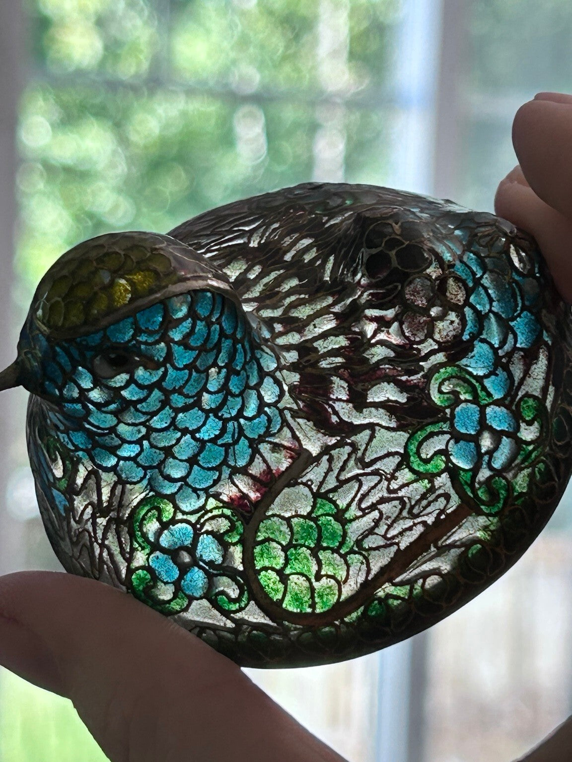 Vintage Plique-à-Jour Enamel Bird Box, Blue & Green
