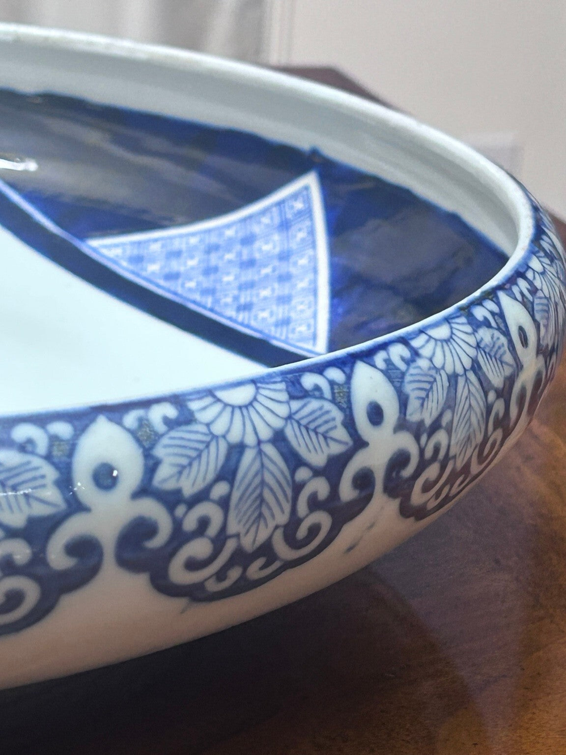 Antique Japanese Arita Blue and White Porcelain Bowl, Large 15 Inch Meiji Taisho Centerpiece