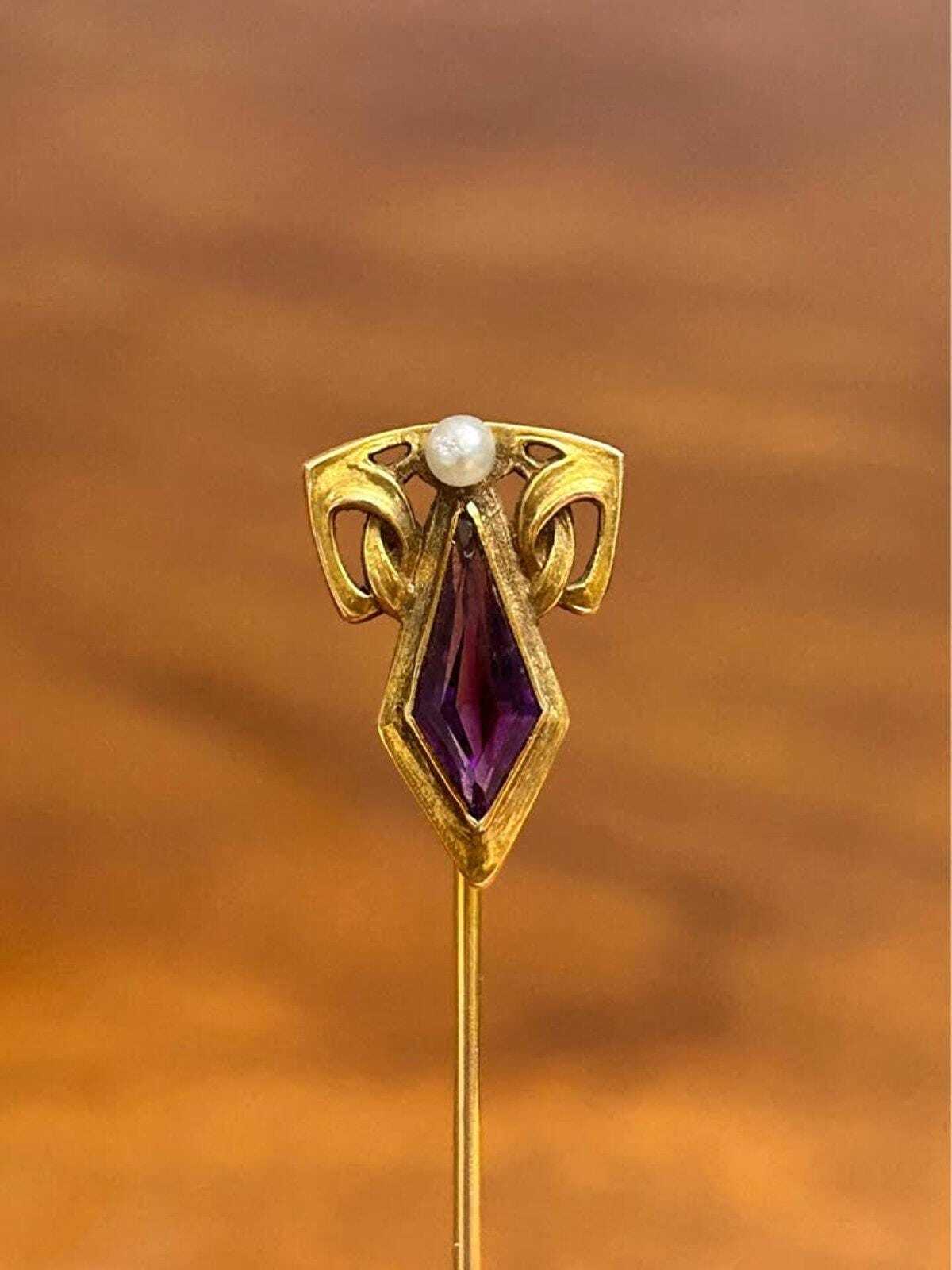Antique Jaccard Jewelry Co 14k Gold Amethyst & Pearl Stick Pin in Box