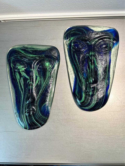 Kosta Boda Kjell Engman Art Glass Face Masks - Blue & Green - Pair