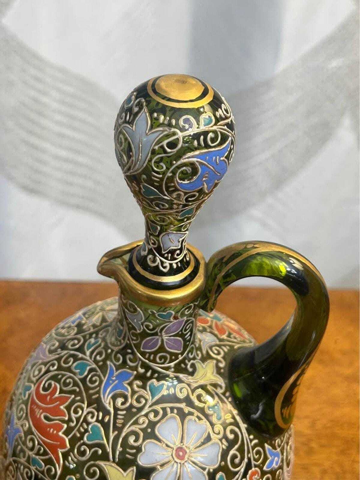Antique Bohemian Enameled Green Glass Decanter Pitcher