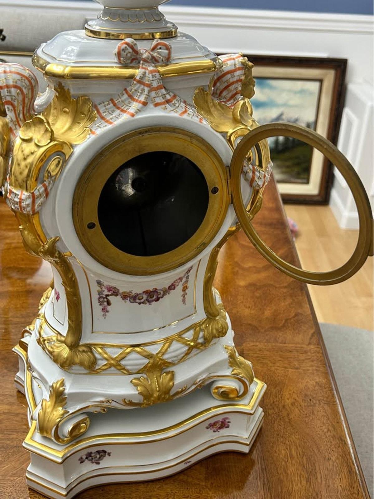 Antique KPM Berlin Porcelain Rococo Revival Mantel Clock & Base, 1880s