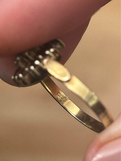 Antique 14k Yellow Gold Bohemian Garnet and Seed Pearl Cluster Ring