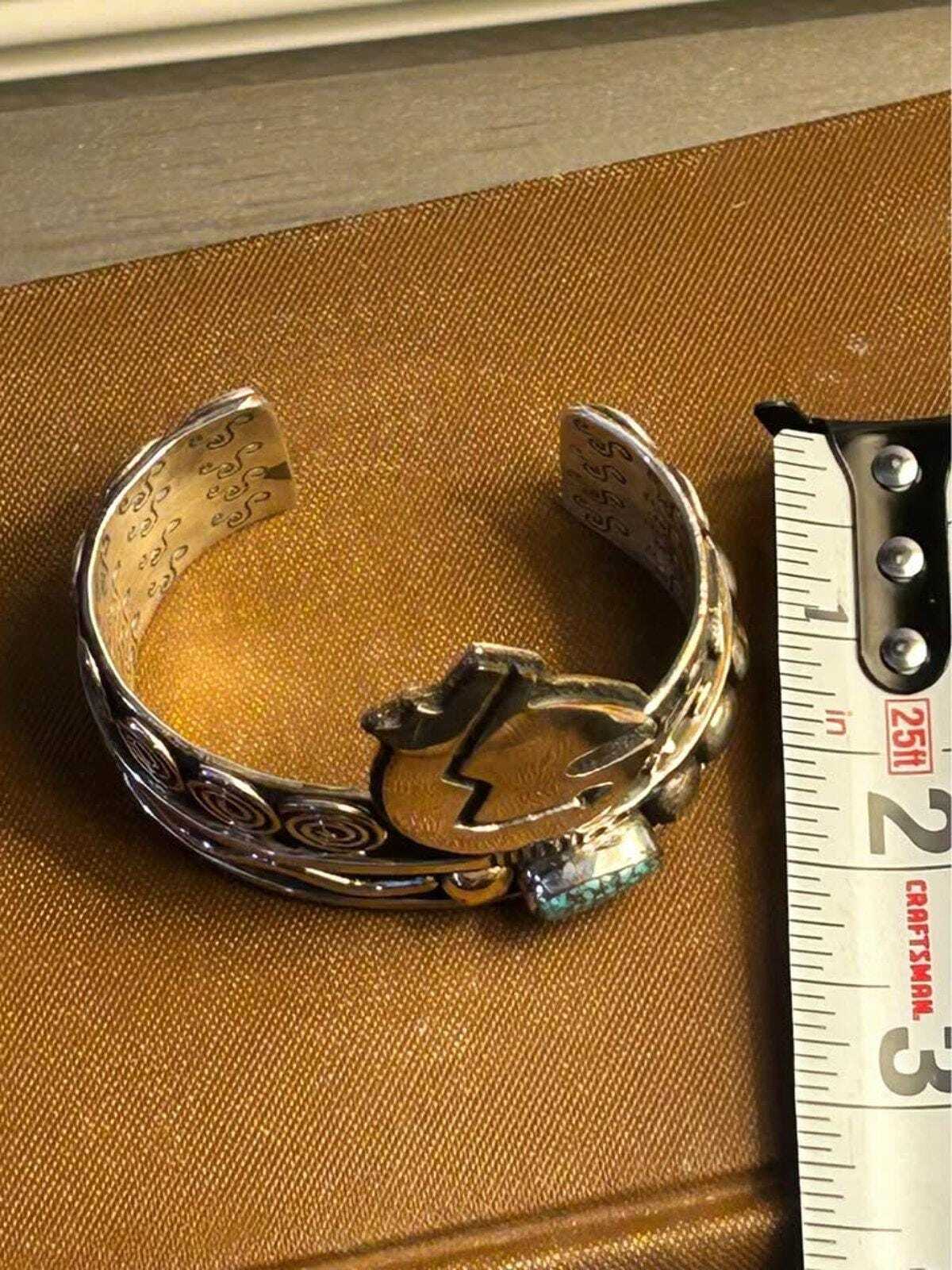 Vintage Alex Sanchez Navajo Sterling Silver 14K Gold Turquoise Petroglyph Cuff