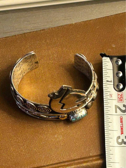 Vintage Alex Sanchez Navajo Sterling Silver 14K Gold Turquoise Petroglyph Cuff