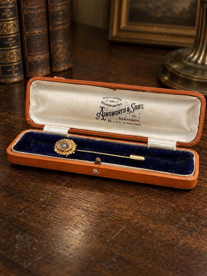Antique Victorian 15ct Gold Diamond Stick Pin in Original Ainsworth & Sons Box