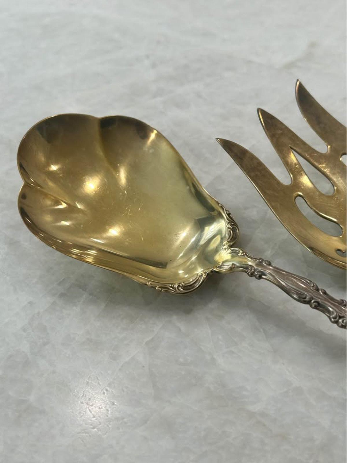 Antique Gorham Strasbourg Sterling Silver Vermeil Salad Serving Set