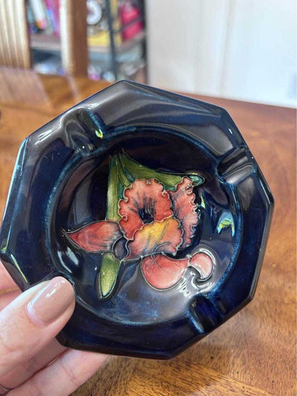 Vintage Moorcroft Pottery Octagonal Ashtray, Orchid Pattern