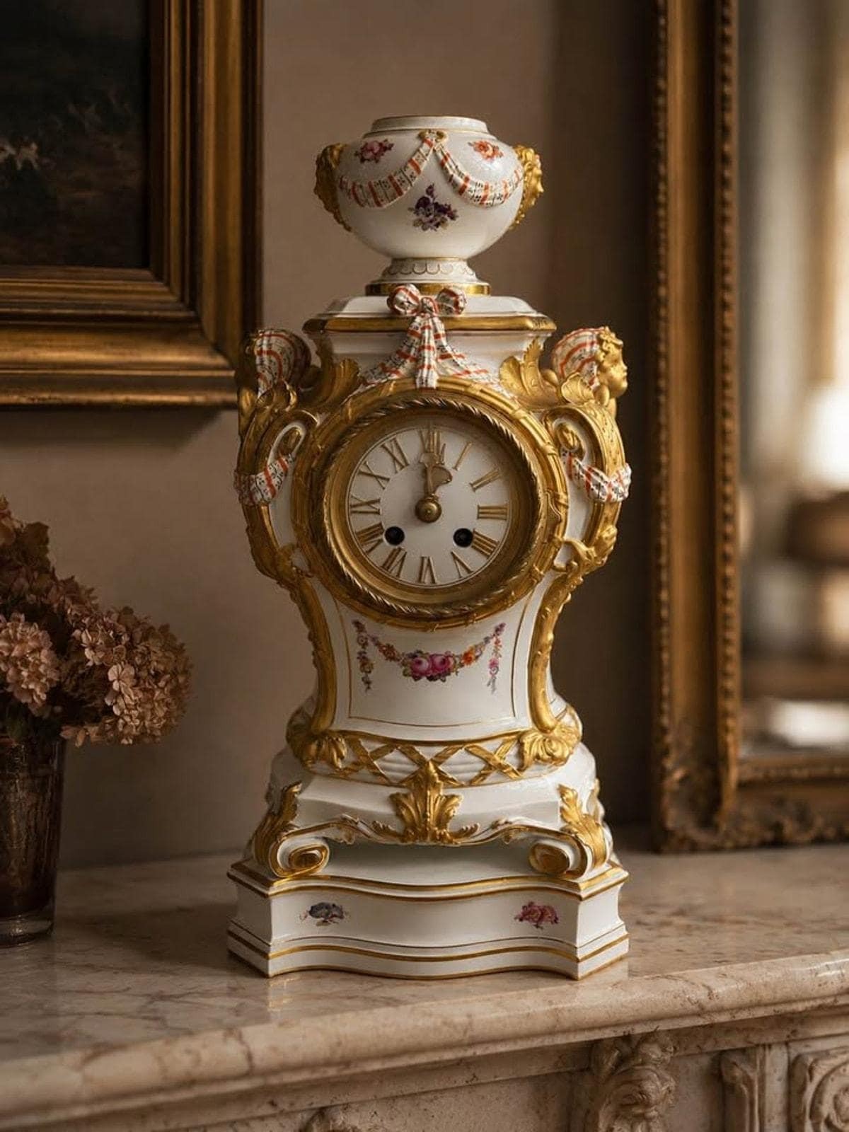Antique KPM Berlin Porcelain Rococo Revival Mantel Clock & Base, 1880s