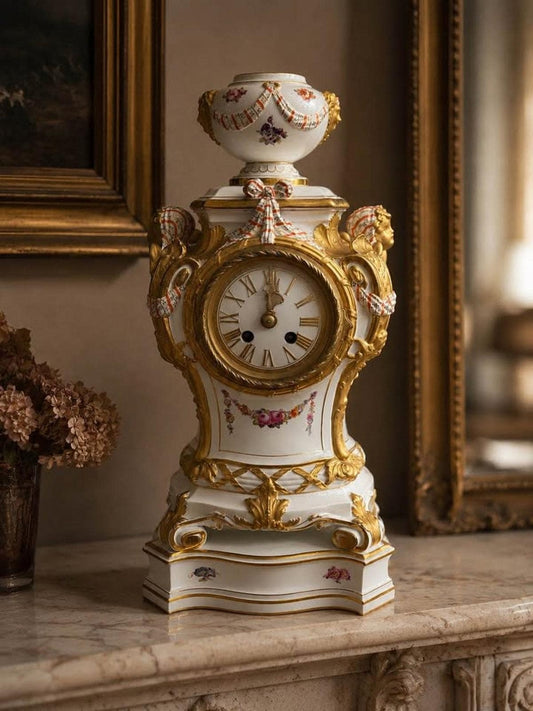 Antique KPM Berlin Porcelain Rococo Revival Mantel Clock & Base, 1880s