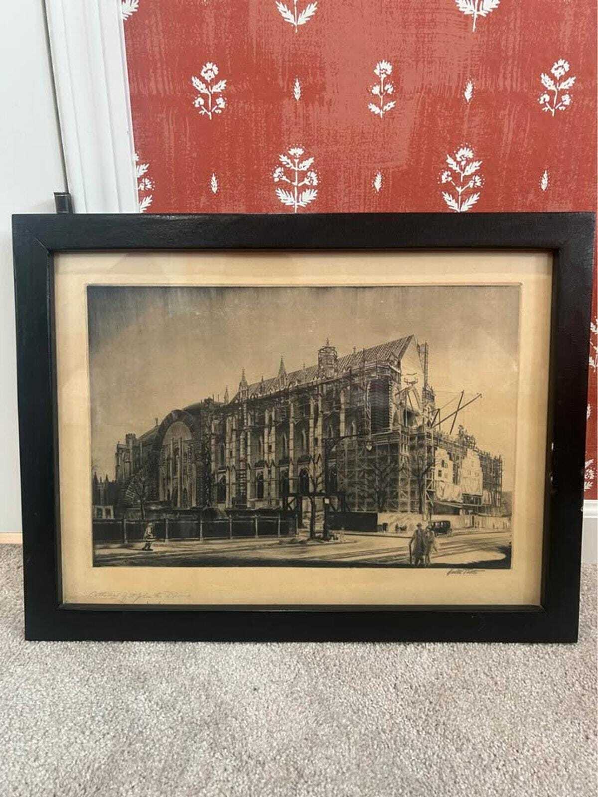 Walter Tittle Drypoint Etching: Cathedral of St. John the Divine NYC c. 1924 Signed Print