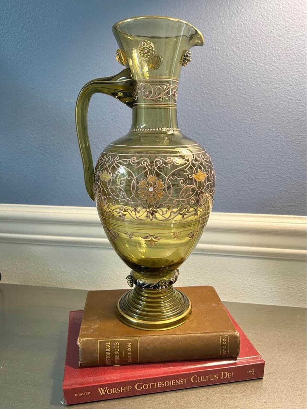 Antique Fritz Heckert Bohemian Art Glass Jeweled Ewer Pitcher