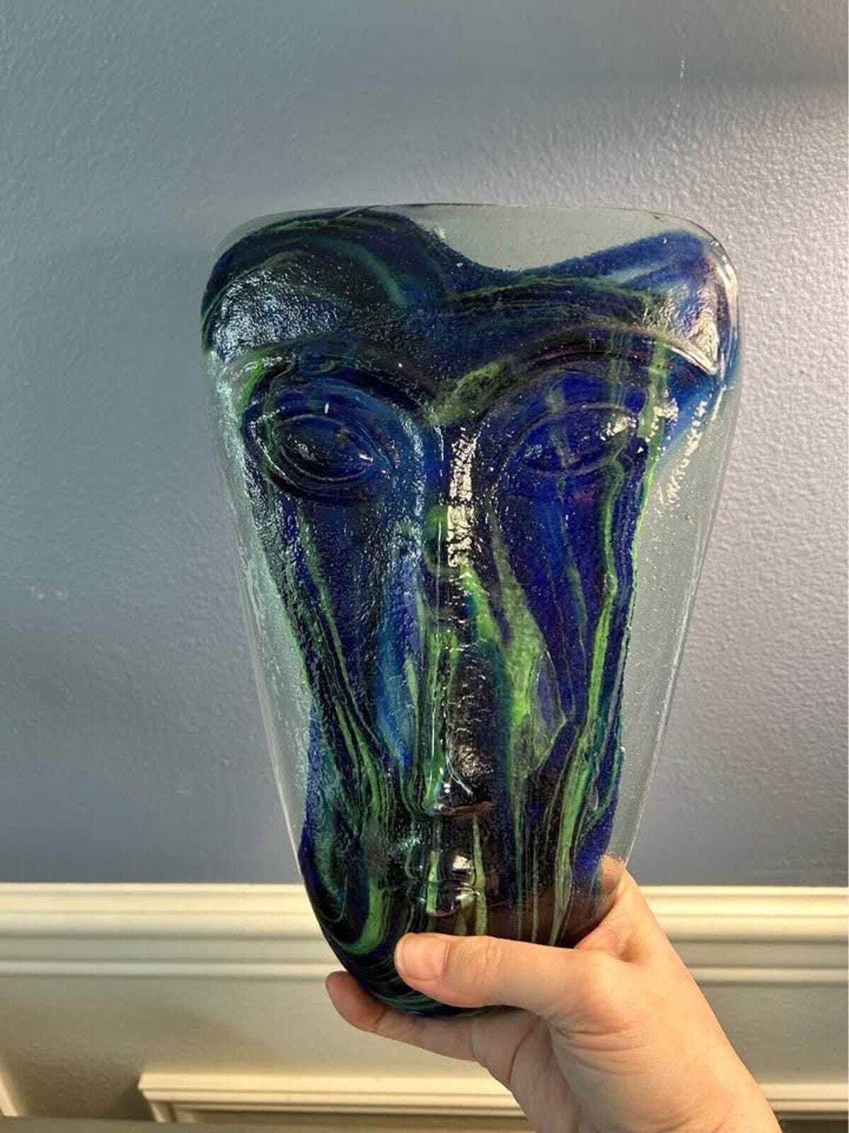 Kosta Boda Kjell Engman Art Glass Face Masks - Blue & Green - Pair