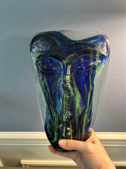 Kosta Boda Kjell Engman Art Glass Face Masks - Blue & Green - Pair