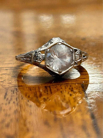 Antique Art Deco 14k White Gold Filigree Clear Spinel Ring Size 4.5