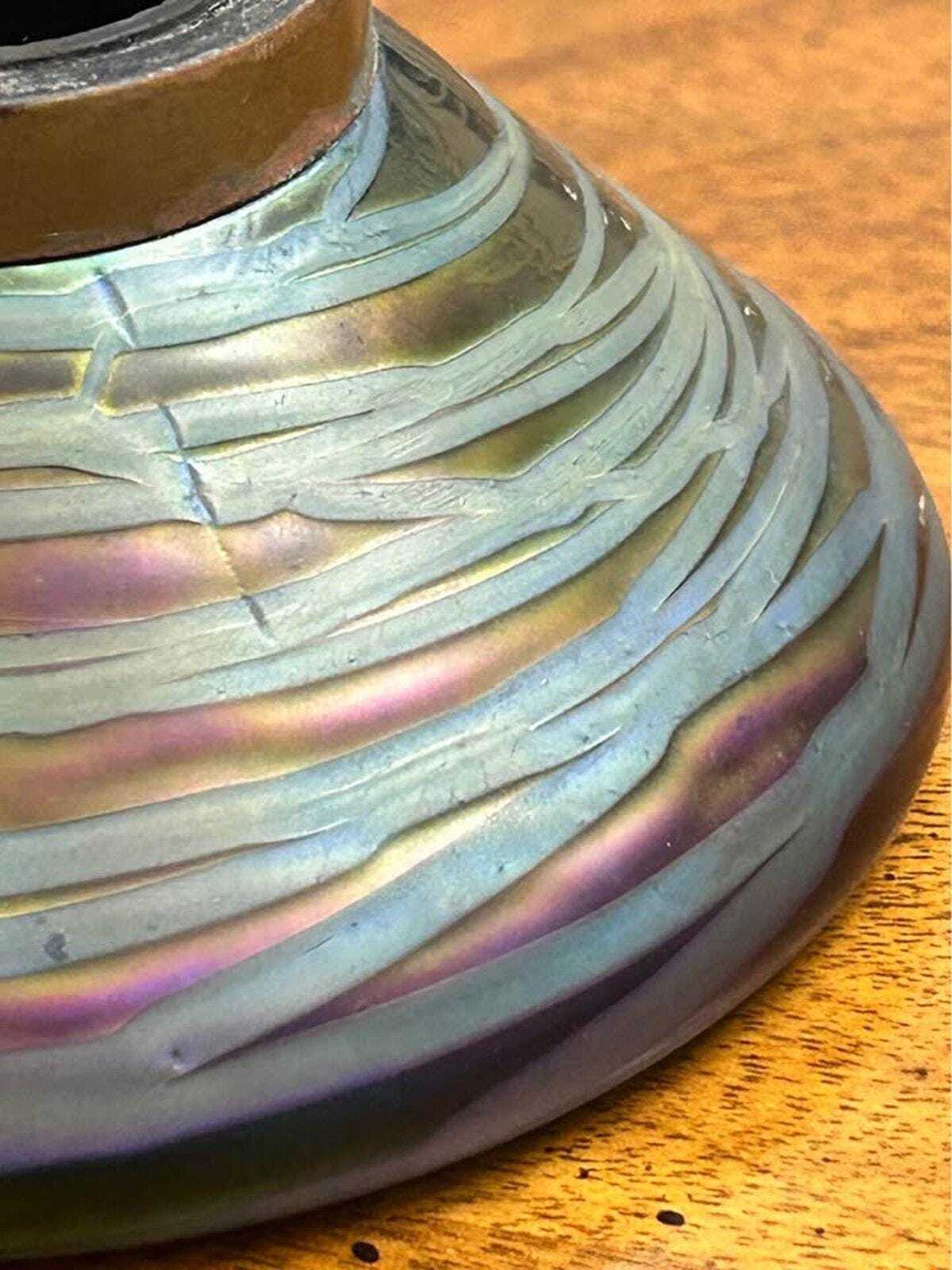 Antique Wilhelm Kralik Sohn Iridescent Art Glass Inkwell Art Nouveau Brass Lid