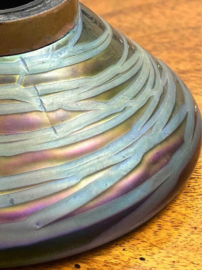 Antique Wilhelm Kralik Sohn Iridescent Art Glass Inkwell Art Nouveau Brass Lid