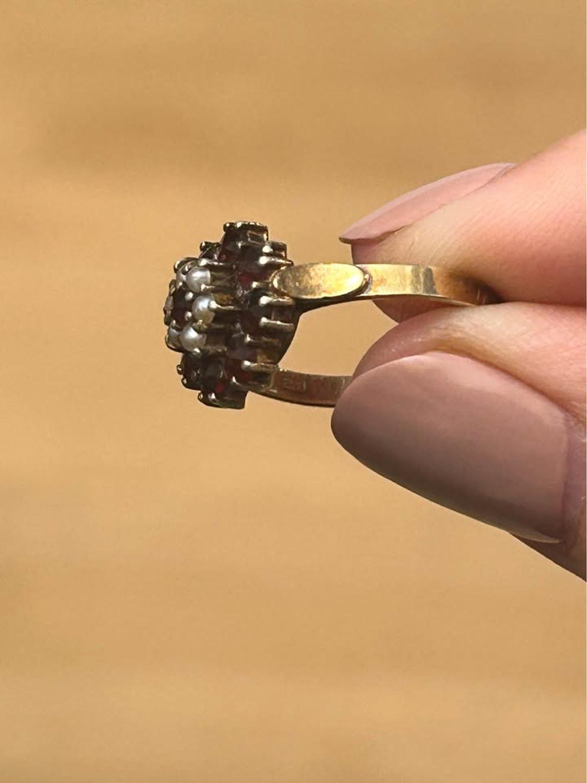 Antique 14k Yellow Gold Bohemian Garnet and Seed Pearl Cluster Ring