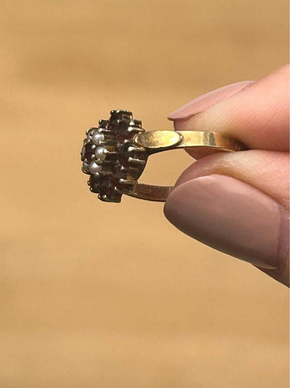 Antique 14k Yellow Gold Bohemian Garnet and Seed Pearl Cluster Ring