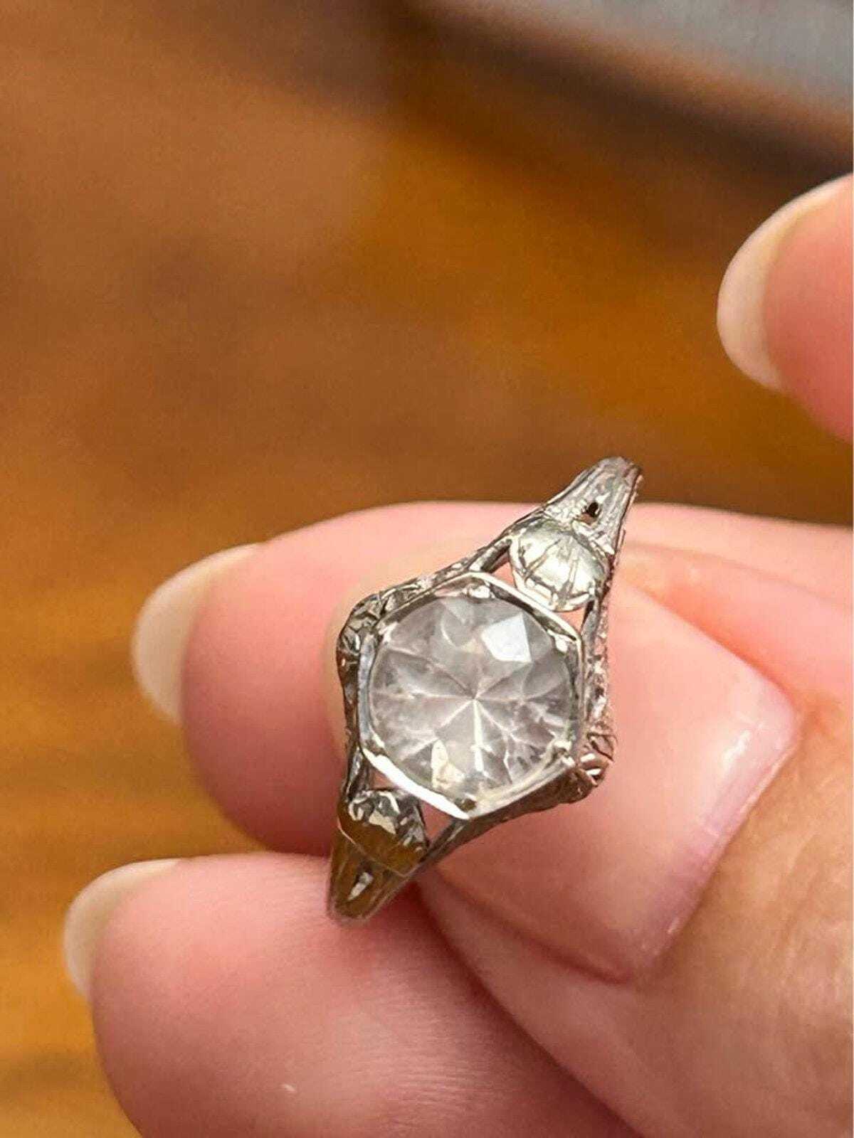 Antique Art Deco 14k White Gold Filigree Clear Spinel Ring Size 4.5