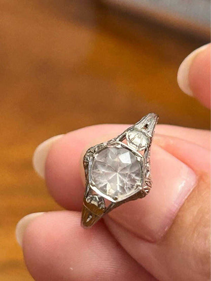 Antique Art Deco 14k White Gold Filigree Clear Spinel Ring Size 4.5