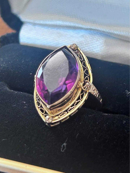 Antique Art Deco 10K Gold Navette Amethyst Filigree Statement Ring - size 4