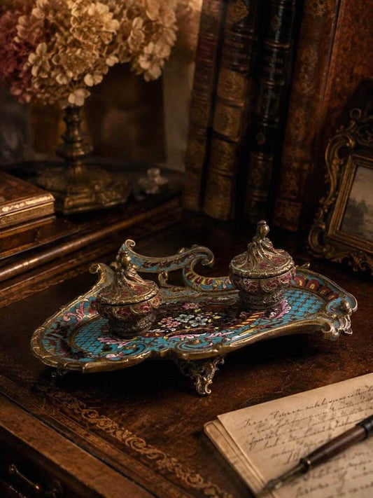 Antique French Champlevé Enamel Brass Double Inkwell