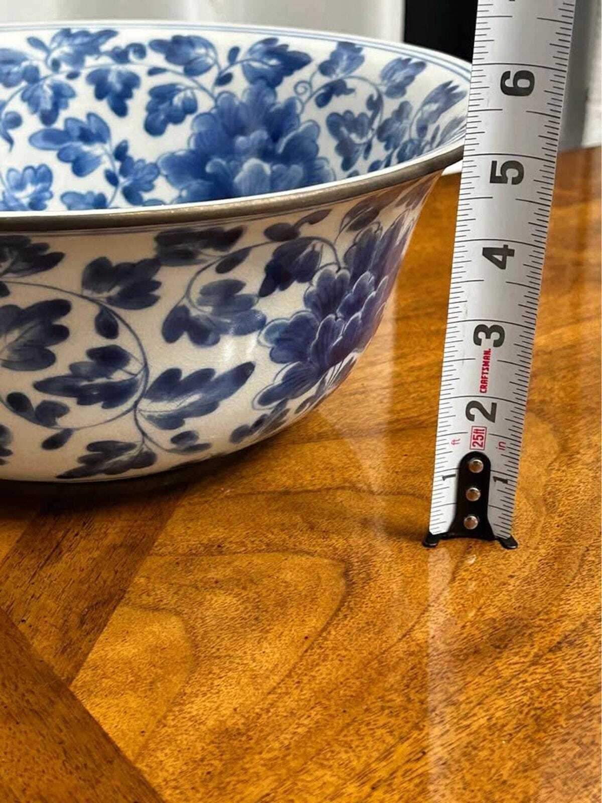 Antique Chinese Blue and White Crackle Glaze Porcelain Center Bowl with Metal Rim