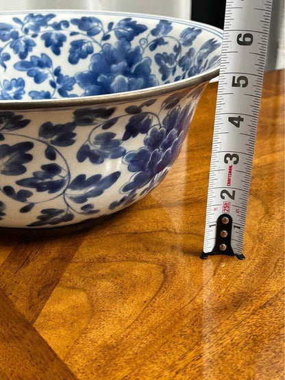 Antique Chinese Blue and White Crackle Glaze Porcelain Center Bowl with Metal Rim