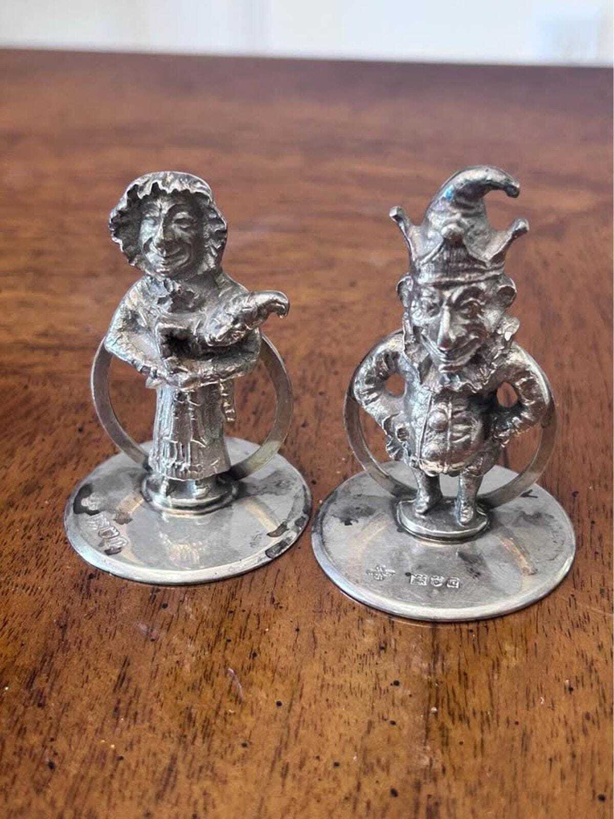 Antique Horace Woodward Sterling Silver Punch & Judy Menu Holders - Birmingham 1903