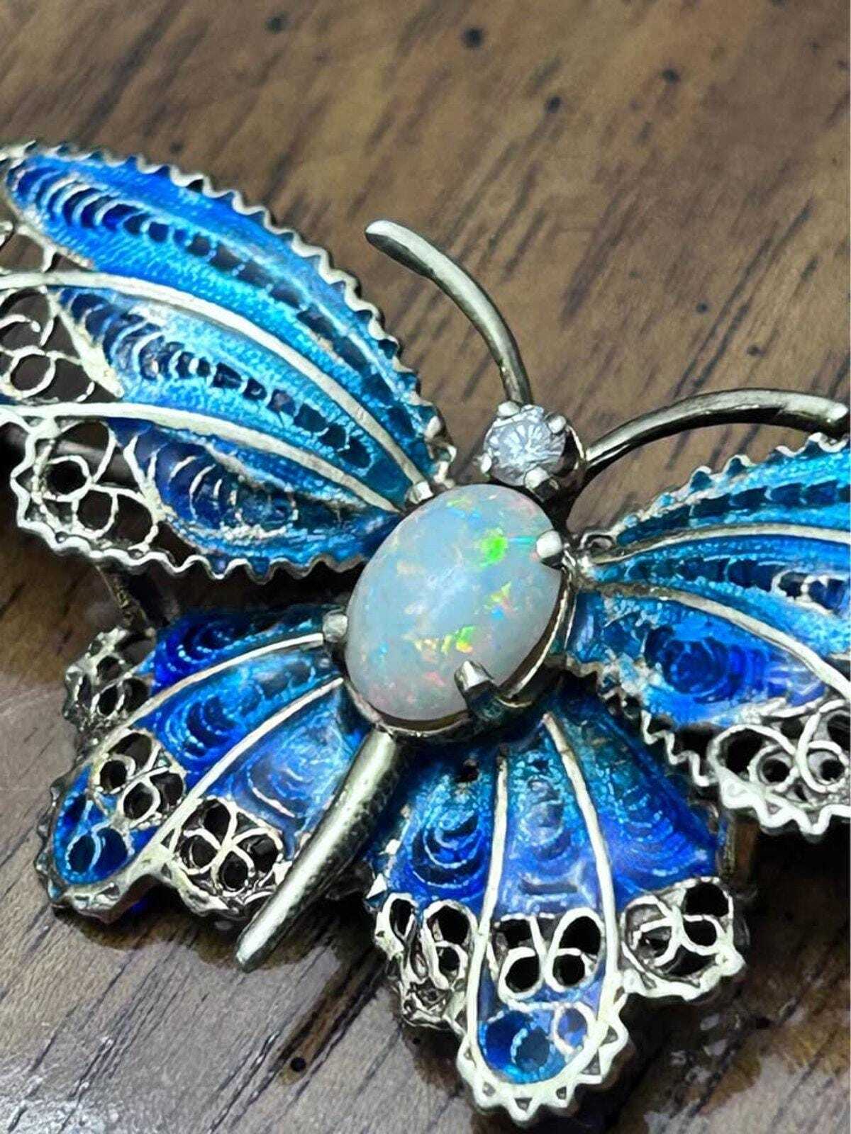 Vintage 14K Gold Plique-à-Jour Enamel Butterfly Brooch with Opal & Diamond