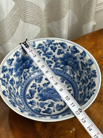 Antique Chinese Blue and White Crackle Glaze Porcelain Center Bowl with Metal Rim