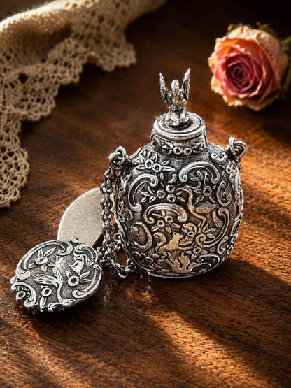 Antique Ornate Sterling Silver Chatelaine Scent Bottle With Swan Finial And Repousse Motif