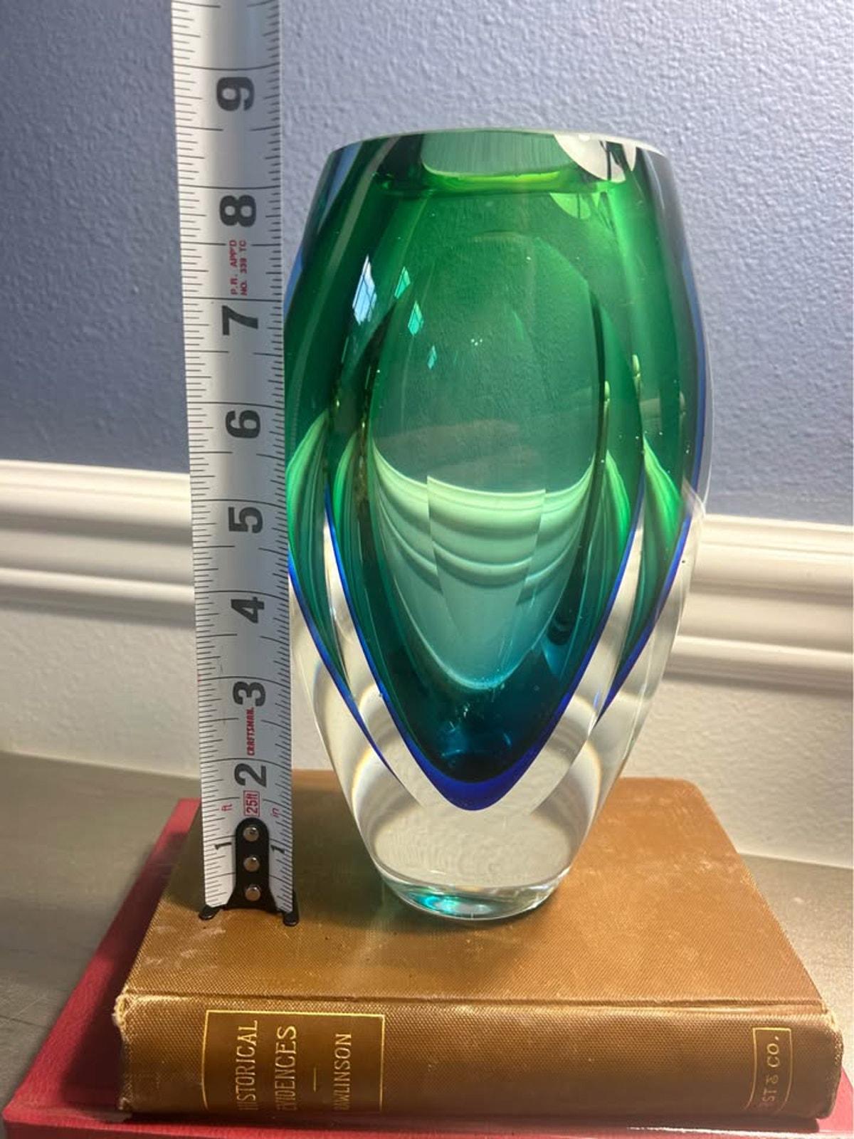 Vintage Heavy Sommerso Art Glass Vase with Polished Optic Lenses Green and Blue
