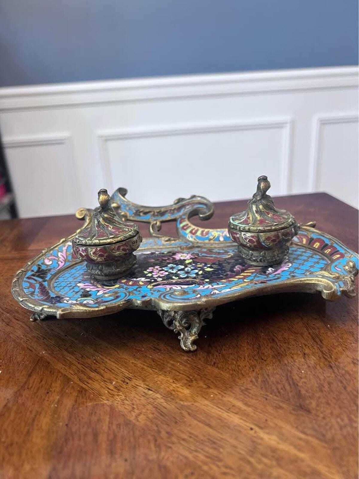 Antique French Champlevé Enamel Brass Double Inkwell