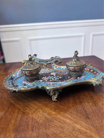 Antique French Champlevé Enamel Brass Double Inkwell