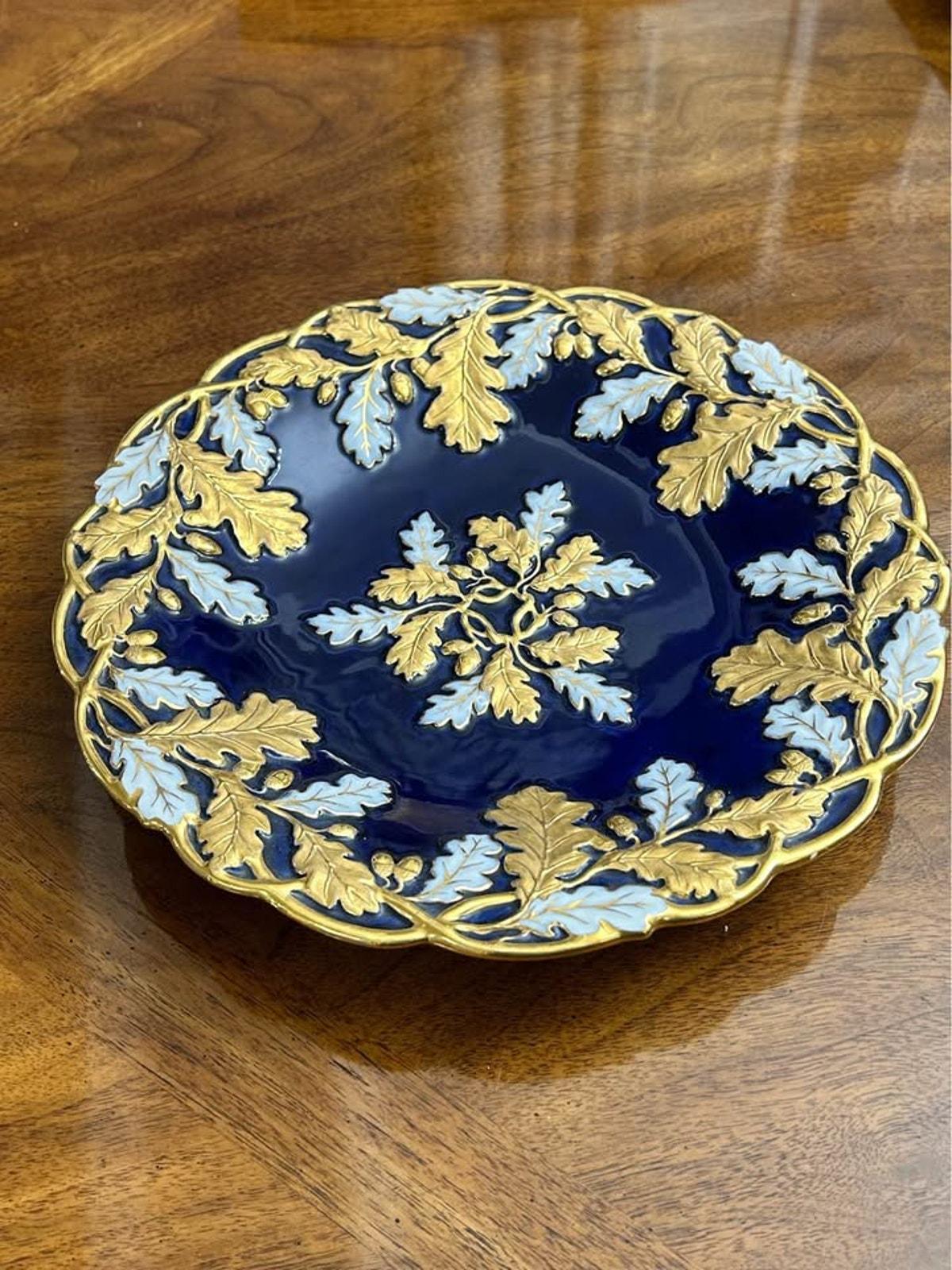 Antique Meissen Porcelain Cabinet Plate, Cobalt Blue with Heavy Gold Oak Leaf Relief (1924-1934)