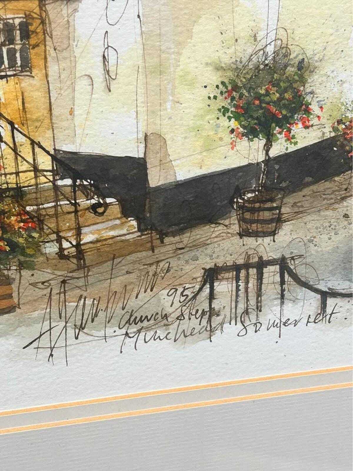 Antique 1895 Original Watercolor by Arthur Hopkins Church Steps Minehead Somerset