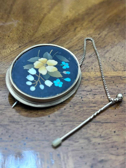 Antique 14k Gold Italian Pietra Dura Floral Mosaic Brooch with Safety Chain