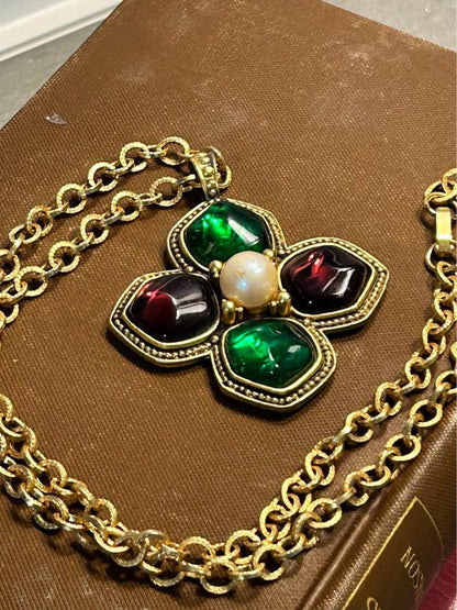 Yves Saint Laurent Vintage Poured Glass and Pearl Maltese Cross Pendant Necklace