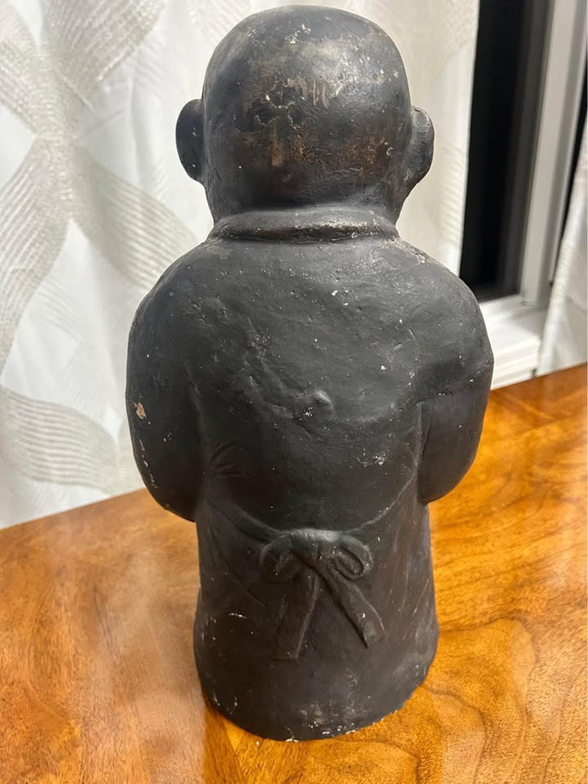 Antique Japanese Tsuchi Ningyo Black Clay Scholar Monk Figure 15"